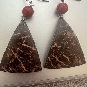 Brown Marbled Triangle Drop Earrings with Red Bead
